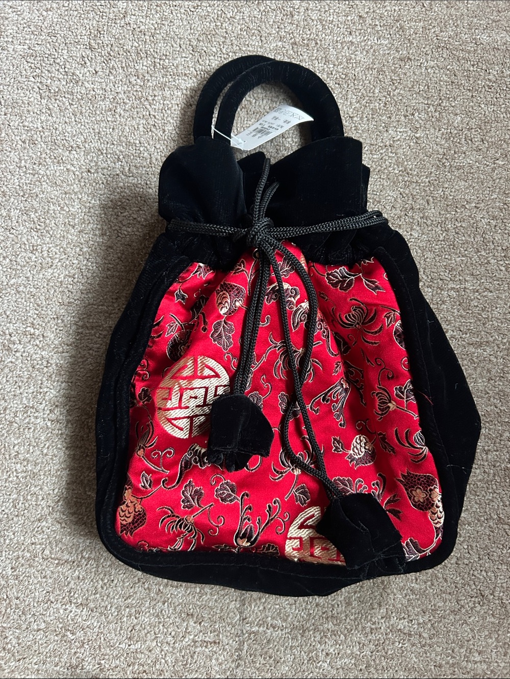 Red and Black Silk Velvet Drawstring Evening Bag